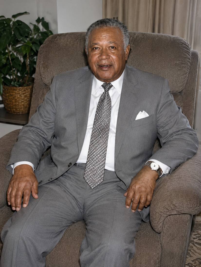 Robert Elliot “Red” Bennett in a gray suit, seated in an armchair